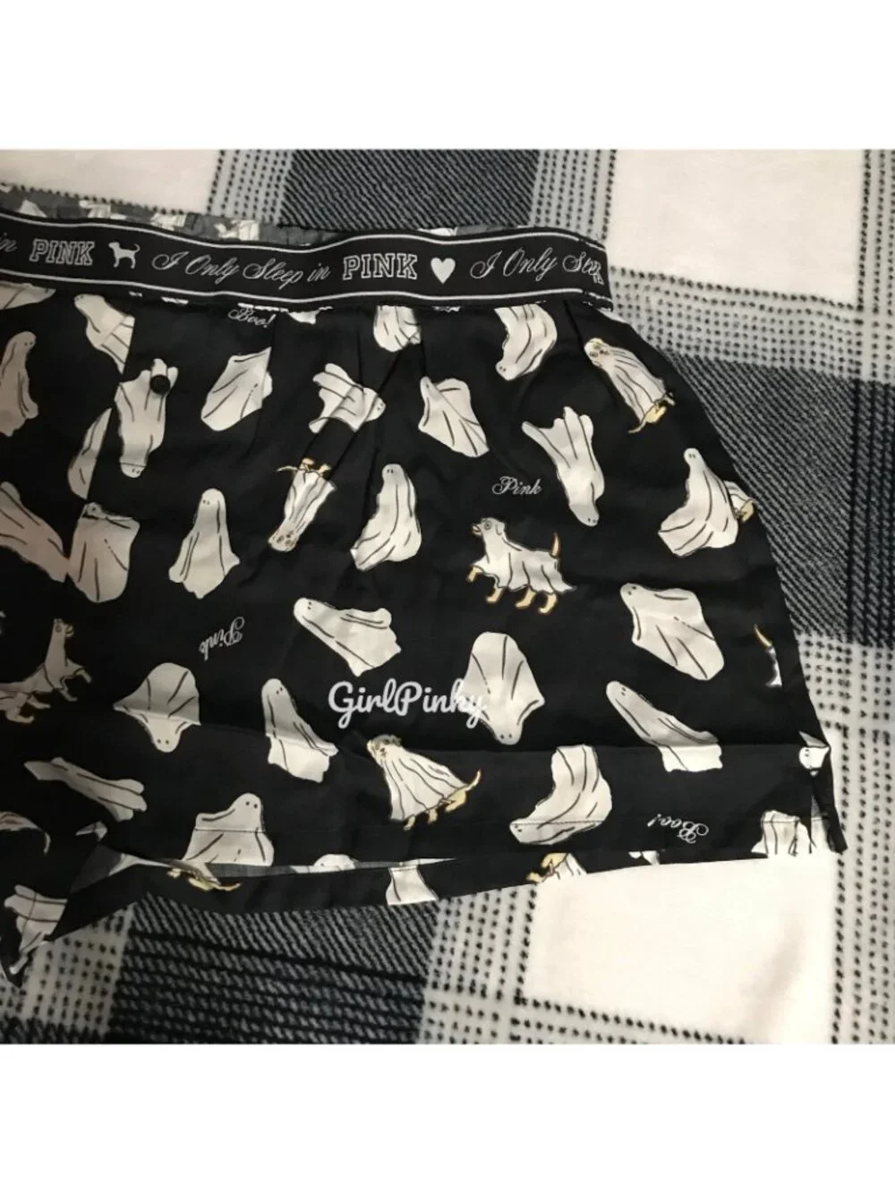 VS PINK SILKY SLEEP BOXY PAJAMA SHORTS BLACK WITH GHOST DOGS SIZE XS-XL